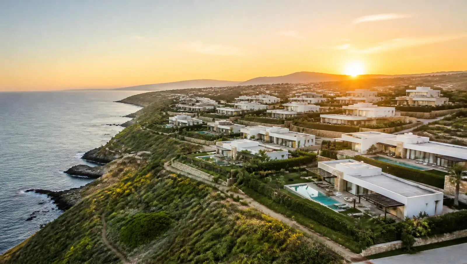 Contemporary residential development on the Portuguese coast at sunset